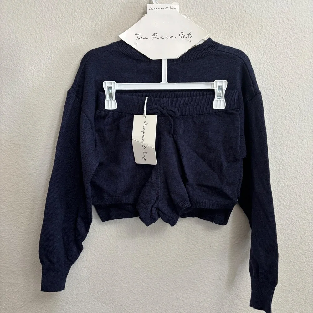 Harper & Ivy Kids 7/8 Navy Blue Sweater Set NEW Bear USA Flag Knit Top Shorts